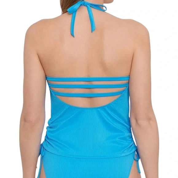 NWT Salt + Cove Ribbed Shirred Halter Tankini Swimsuit Top Cerulean Blue Size XL - Picture 2 of 9